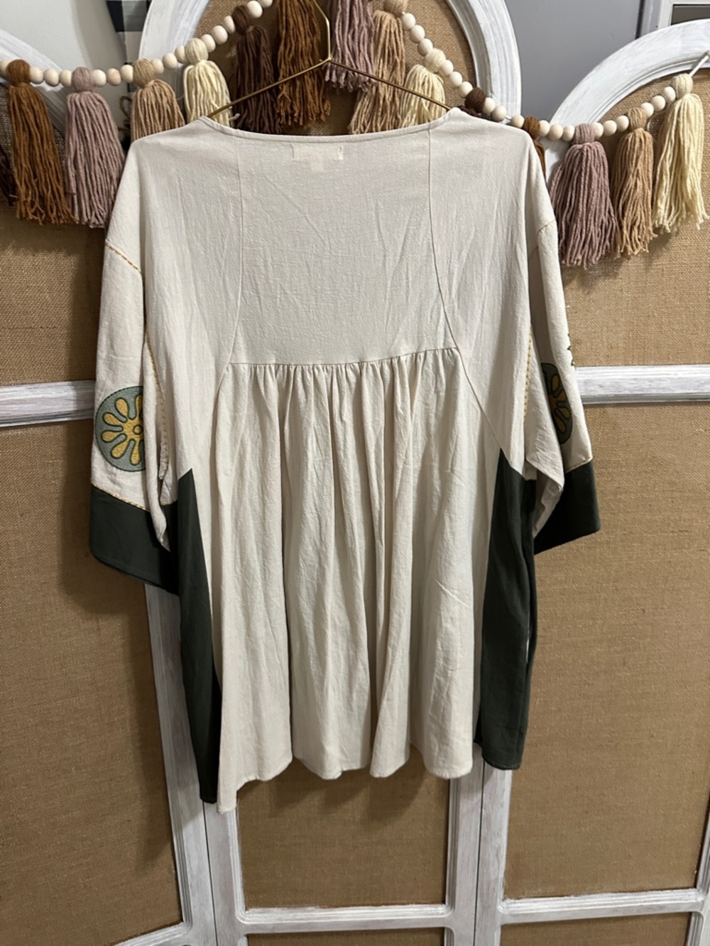 Boho V-Neck Embroidered Tunic Dress in Cream and Green - Picture 2 of 4